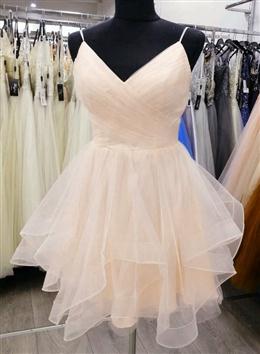 Picture of Light Champagne V-neckline Straps Homecoming Dresses, Tulle Short prom Dresses Graduation Dresses